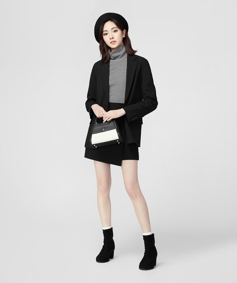 磨毛羅紋條紋高領T恤-女