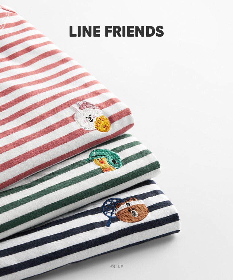 LINE FRIENDS條紋寬版電繡船領T恤-04-女
