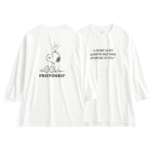 史努比系列寬長版八分袖印花T恤-09-女